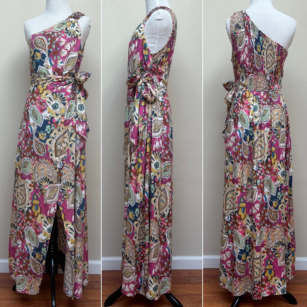 Boho One Shoulder Multicolor Floral Maxi Dress with Tie Waist